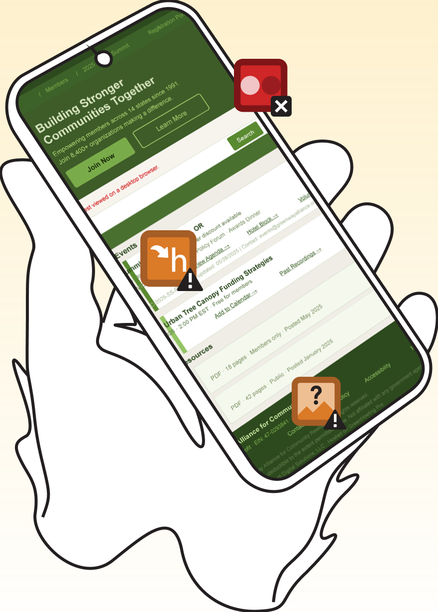 A hand holding a phone whose website shows broken-image and error icons