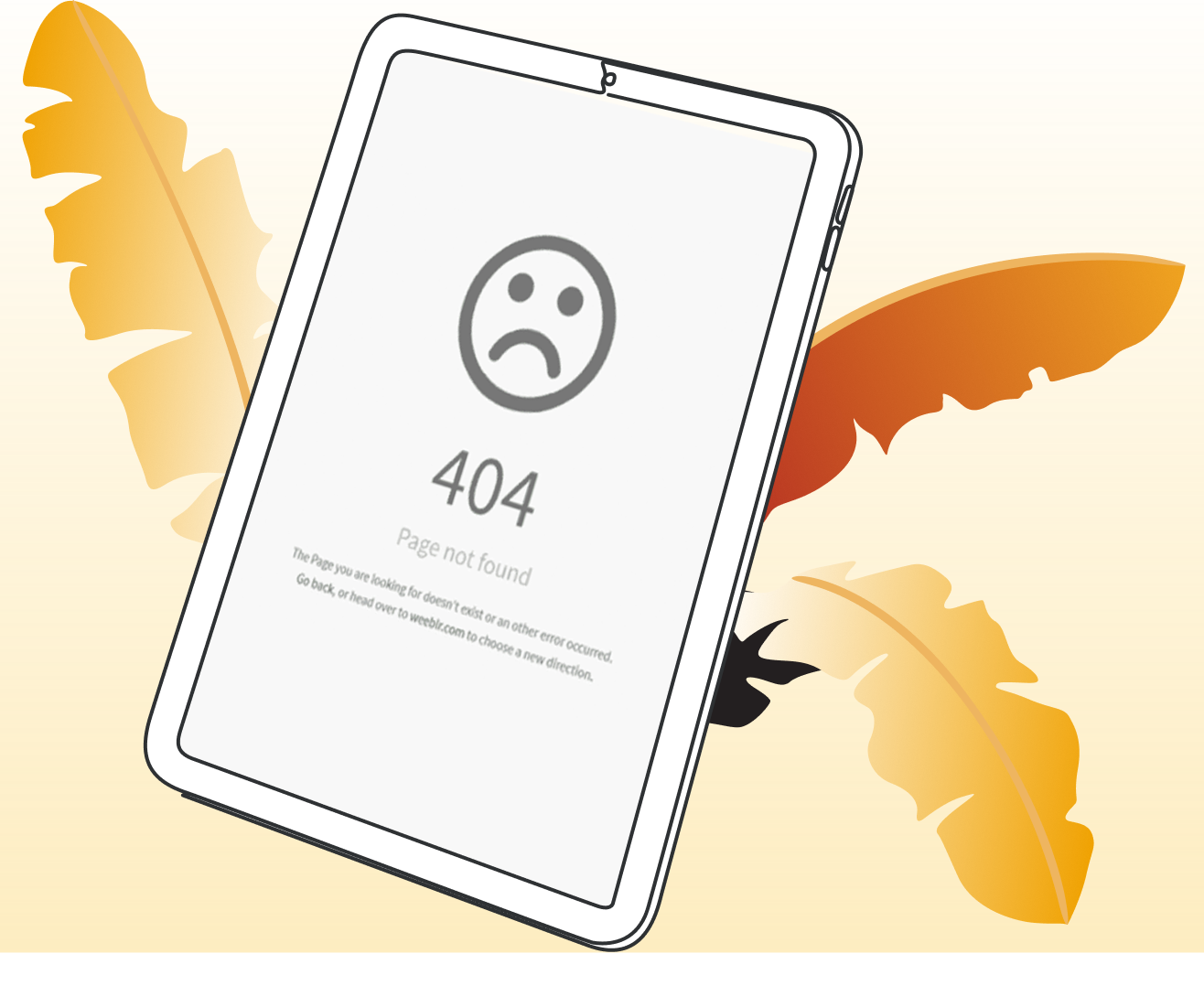 A tablet showing a 404 page-not-found error, with feathers behind it